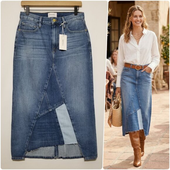 Frame Denim Denim - NWT Frame Denim Le Midi Patchwork Denim Midi Skirt Cahill Size 25, 26 $275